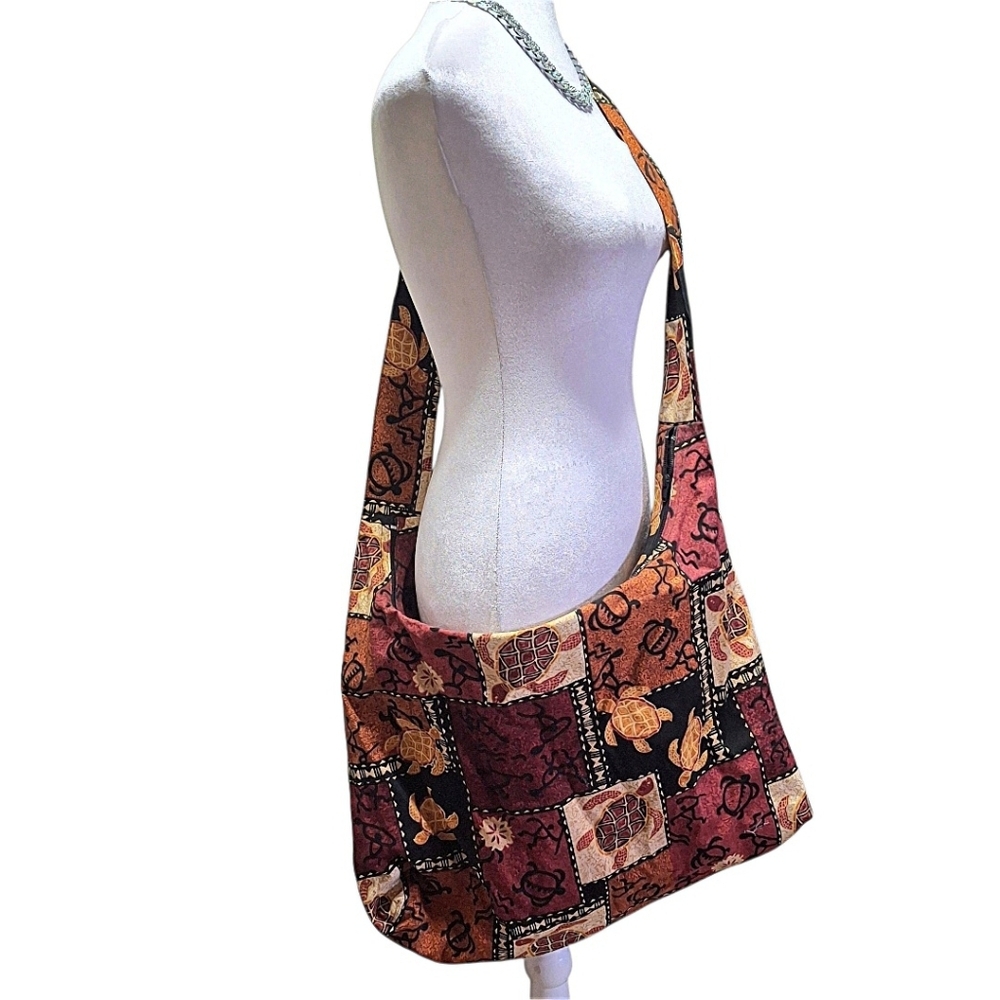 Hobo-style Sea Turtle Fabric Brown Large Crossbody Shoulder Bag  Made In Hawaii